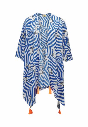 Blau-weiß gestreifter Kimono-Cardigan mit abstrakten Hundeillustrationen und orangefarbenen Quasten am Saum.