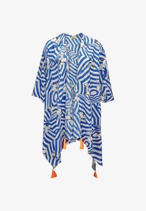 Cardigan style kimono rayé bleu et blanc avec illustrations abstraites de chiens et pompons orange sur l'ourlet.