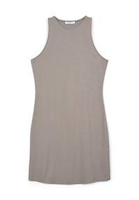 Abito senza maniche in taupe chiaro, realizzato in tessuto morbido e liscio. Presenta un collo rotondo e una silhouette aderente, senza motivi o decorazioni.