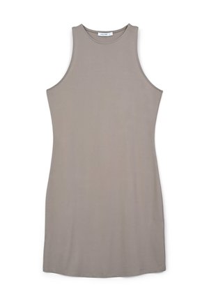 Robe sans manches en taupe clair, fabriquée à partir d'un tissu doux et lisse. Elle présente un décolleté rond et une silhouette ajustée sans motifs ni embellissements.