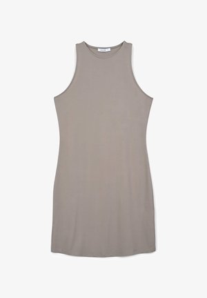 Abito senza maniche in taupe chiaro, realizzato in tessuto morbido e liscio. Presenta un collo rotondo e una silhouette aderente, senza motivi o decorazioni.