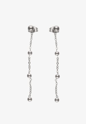 Silberne Metall-Ohrringe mit drei runden Perlen, die durch Kettenglieder verbunden sind, entworfen als Stecker mit Durchloch.