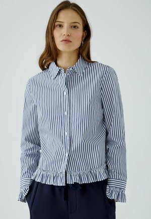 Vrouw draagt een blauw-wit verticaal gestreept blouse met knopen en ruches aan de manchetten en zoom, staand tegen een effen lichte achtergrond.