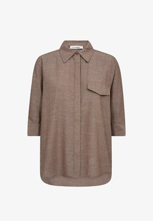 Barna vékony csíkos hosszú ujjú ing széles gallérral és egyetlen ferde mellzsebbel, elöl rejtett gombolósávval.