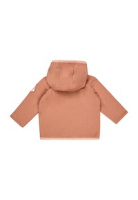Woven peach-colored jacket with a hood, featuring long sleeves, a straight cut, and a light trim around the edges.