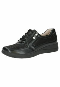 Black leather shoes with a textured finish, featuring a combination of laces and a side zipper, and a cushioned outsole for comfort.