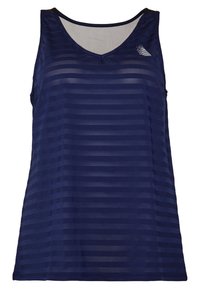 Marineblaue, atmungsaktive Sport-Tanktop mit V-Ausschnitt, ausgestattet mit horizontalen Streifenmustern und einem Logodetail auf der oberen linken Seite.