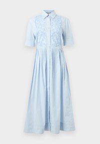 Midi φόρεμα ανοιχτού γαλάζιου χρώματος με ρίγες, κοντά μανίκια, κουμπιά μπροστά, μυτερό γιακά και κεντήματα με δαντέλα ανθισμένου σχεδίου στο στήθος.