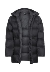 Zwarte pufferjack met capuchon, met een gestikt ontwerp, ritsluiting, elastische manchetten en een zachte, matte afwerking.