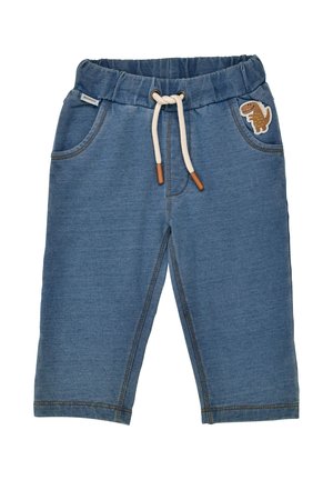 Blue toddler pants with elastic waistband, white drawstring, front pockets, and a small dinosaur patch on the right pocket.