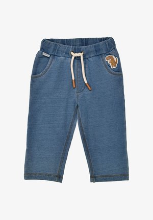 Blue toddler pants with elastic waistband, white drawstring, front pockets, and a small dinosaur patch on the right pocket.