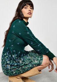 Abito verde con maniche lunghe e corpetto aderente, che si trasforma in una gonna fluida con motivo floreale. Tessuto morbido con dettagli ricamati.