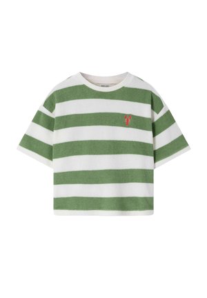 Chemise en éponge à manches courtes avec des rayures horizontales vertes et blanches et un petit emblème de homard rouge sur la poitrine.