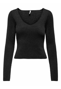 Maglione nero a maniche lunghe con scollatura a V, realizzato in tessuto a coste, silhouette aderente e lunghezza cropped.