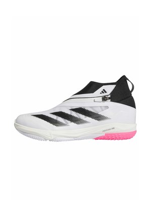 White athletic shoe with black stripes, a high collar, zip closure, and pink outsole. Textured fabric with a smooth silhouette.
