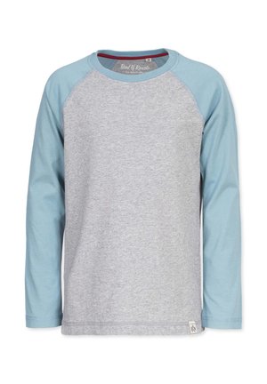 Long-sleeve shirt featuring a heather gray body and contrasting light blue raglan sleeves, crafted from soft cotton fabric.