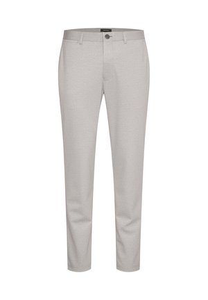 Light grey trousers made of a textured fabric, featuring a standard waistband, front pockets, and a single button closure.
