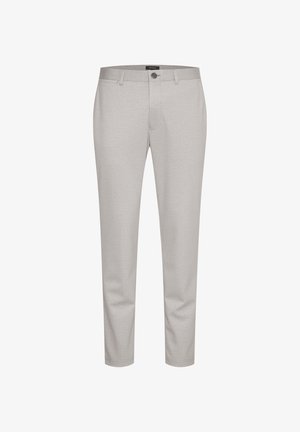 Light grey trousers made of a textured fabric, featuring a standard waistband, front pockets, and a single button closure.
