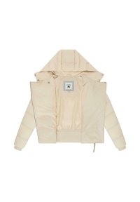 Beige pufferjack met een capuchon, textuur aan de buitenkant, voorzien van een rits- en drukknoopsluiting. Binnenkant gevoerd met een gladde stof, inclusief label.