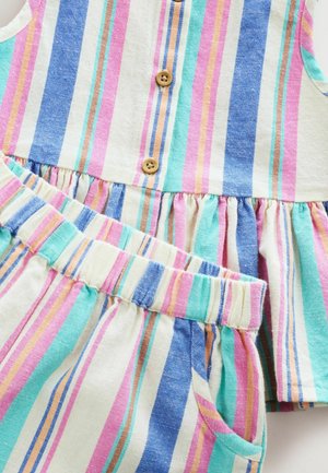 Ärmelloser Babyanzug mit vertikalen Pastellstreifen in Blau, Rosa, Türkis und Orange, mit Holzknöpfen und Shorts mit elastischem Bund.