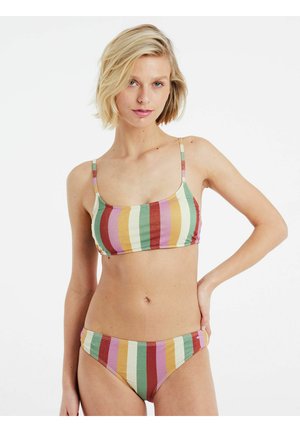 Pruhovaný bikinový set s multicolor designem v odstínech zelené, žluté, červené a fialové. Nastavitelné ramínka, měkká textilie.