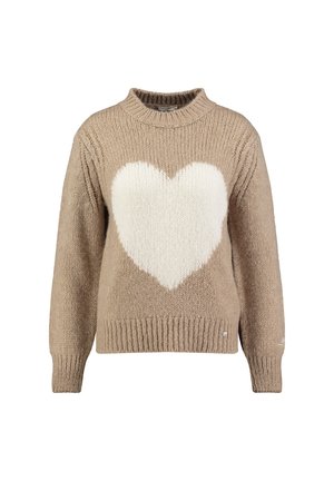 Maglione a maglia beige con un grande motivo a cuore bianco sulla parte anteriore. Presenta un collo alto e polsini e orlo a coste. Texture morbida.