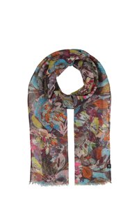 Sciarpa leggera e multicolore con un motivo floreale. Presenta una combinazione di tonalità vivaci su uno sfondo marrone e bordi sfilacciati.