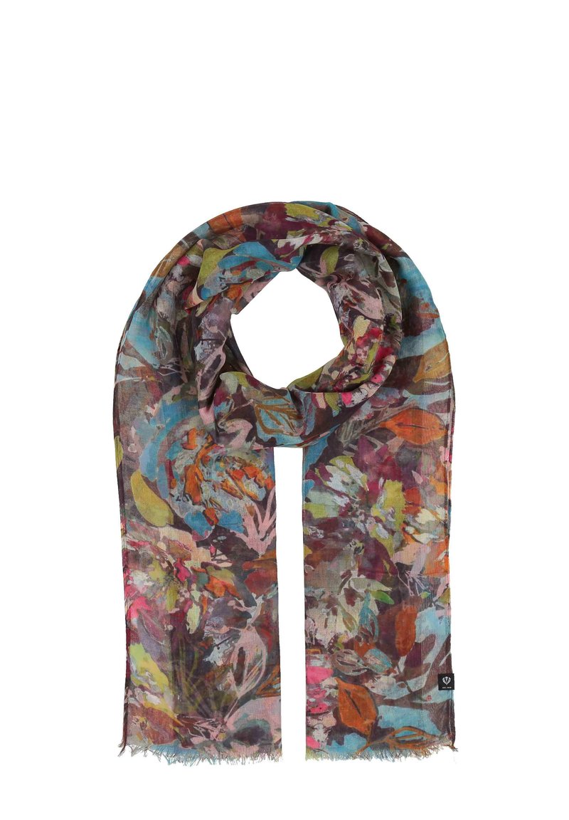 Sciarpa leggera e multicolore con un motivo floreale. Presenta una combinazione di tonalità vivaci su uno sfondo marrone e bordi sfilacciati.