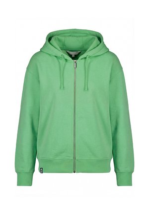 Green zip-up hoodie with drawstring hood, ribbed cuffs, and waistband, displayed against a white background.