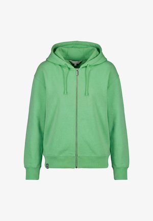Green zip-up hoodie with drawstring hood, ribbed cuffs, and waistband, displayed against a white background.