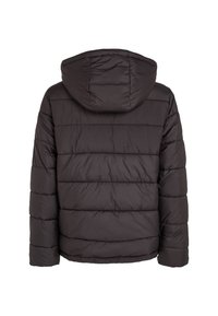 Svart puffjacka med huva, som har horisontella quiltade sektioner och en slät yta. Bakifrån framhäver den den övergripande formen och designen.