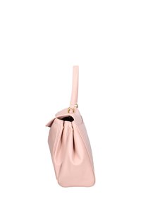 Borsa a tracolla in pelle rosa morbida con una forma strutturata, dotata di un manico superiore singolo e hardware in tonalità oro. Dettagli di design a pieghe visibili.