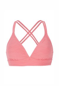 Top bikini triangolare rosa con spalline incrociate, texturizzato con un motivo a onda, con un bordo arricciato lungo la parte inferiore.