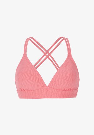 Růžový trojúhelníkový bikiny top s křížovými ramínky, texturovaný vlnkovým vzorem, s řaseným páskem podél spodního okraje.