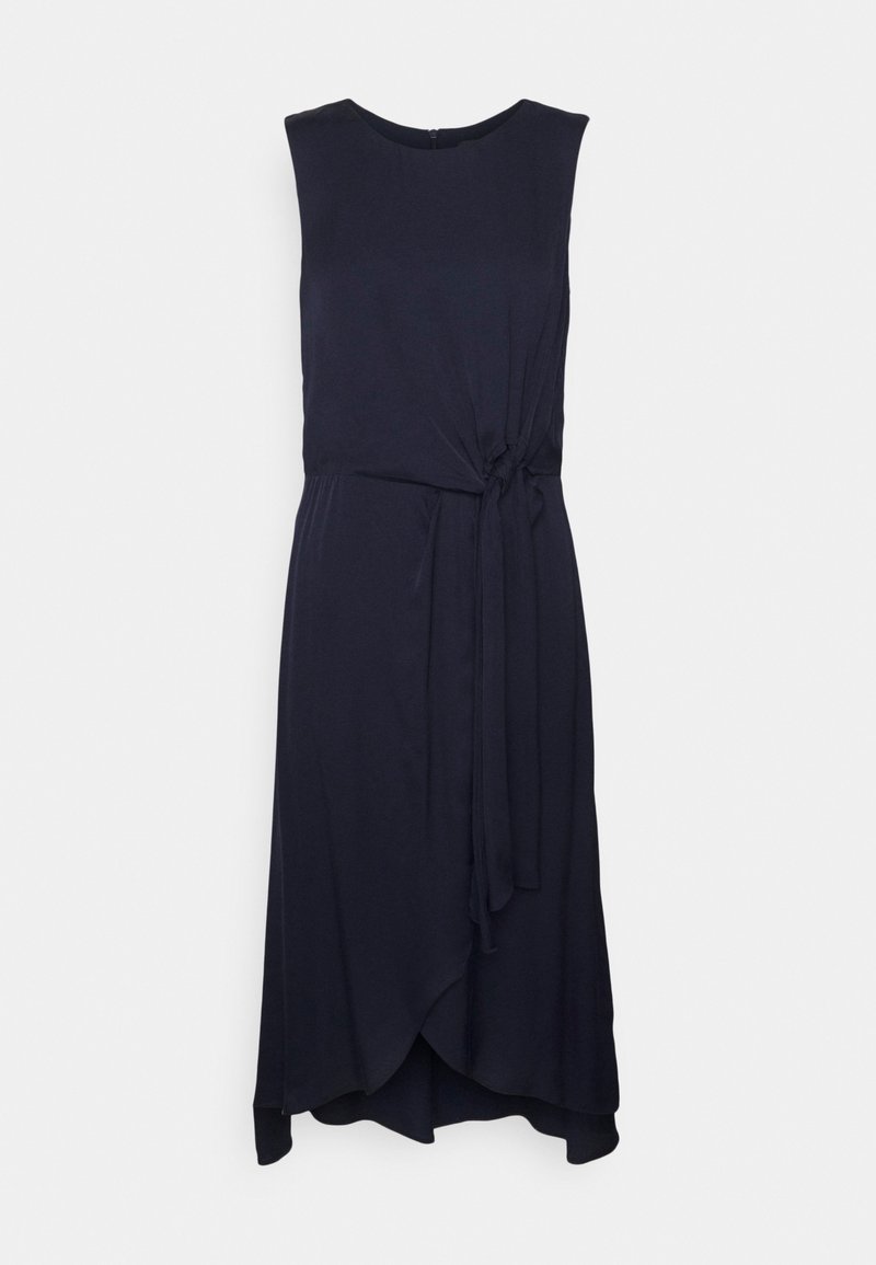 Vestido sem mangas azul-marinho com decote redondo, detalhe de laço na cintura e uma bainha assimétrica. Feito de um tecido suave e fluido.