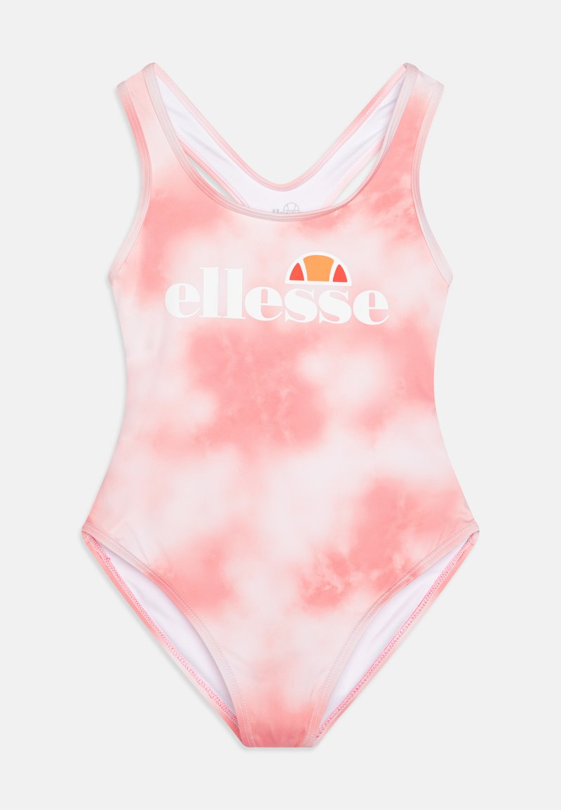 Rosa tie-dye baddräkt med scoopback, med en vit "ellesse"-logotyp och orange grafik. Tillverkad av ett mjukt, stretchigt material.