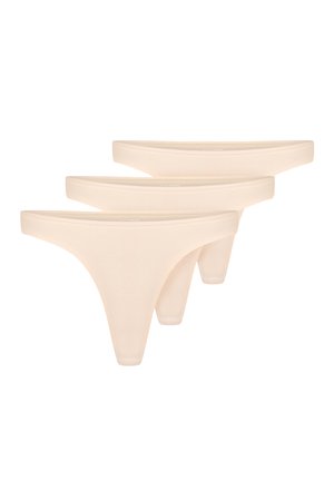 Drie paar naakte stringondergoed. De stof is soepel met een zachte textuur. De tailleband is strak en minimalistisch van ontwerp.