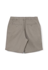 Pantaloni beige con vita elasticizzata, due tasche posteriori con bottoni e un tessuto liscio e leggero. Design pulito e semplice.