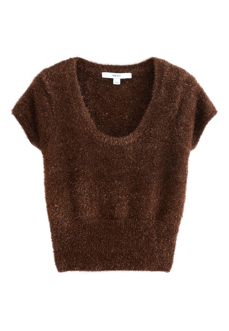 Brown, fuzzy short-sleeve top with a circular neckline. Soft texture with a fitted waist. Label reads "NEXT."