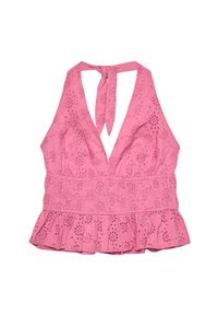 Rosa bomullshalterneck med ögonlapp broderi, djup V-ringning, volangkant och justerbar knytning i nacken.