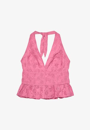 Roze katoenen haltertop met oogjesborduurwerk, diepe V-hals, geruffelde zoom en verstelbare striksluiting bij de hals.