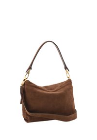 Brown suede handbag with a curved shape, a single shoulder strap, and gold-tone hardware accents. Features a smooth texture and minimalistic design.