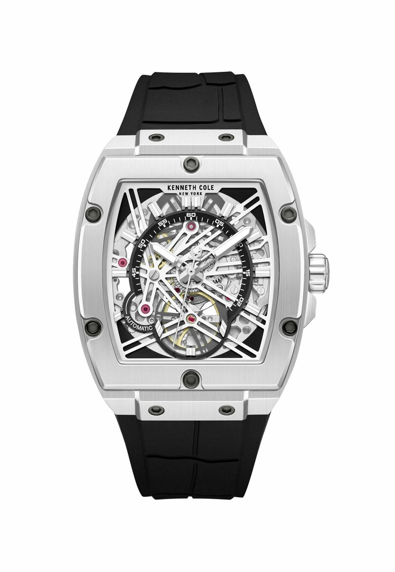 Szkieletowy zegarek automatyczny z kasetą ze stali nierdzewnej w kolorze srebrnym, czarnym paskiem z gumy oraz skomplikowanymi białymi i żółtymi detalami na tarczy.