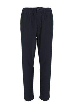 Pantaloni blu navy realizzati in tessuto leggero, con vita elastica e chiusura a un solo bottone, design a gamba dritta e senza tasche visibili.
