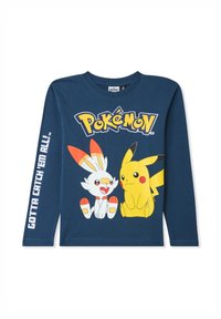 Granatowy t-shirt z długim rękawem z postaciami z kreskówek Scorbunny i Pikachu, z logo "Pokémon" oraz tekstem "GOTTA CATCH 'EM ALL!" w kolorze białym.
