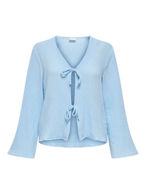 Lichtblauwe, gestructureerde blouse met lange mouwen, V-hals en twee strikjes aan de voorkant, met een losse pasvorm en licht uitlopende mouwen.