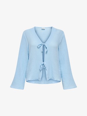 Lichtblauwe, gestructureerde blouse met lange mouwen, V-hals en twee strikjes aan de voorkant, met een losse pasvorm en licht uitlopende mouwen.