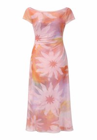 Robe ajustée longueur midi avec manches courtes et grands motifs floraux rose pâle sur un fond pastel mêlé orange, violet et jaune.
