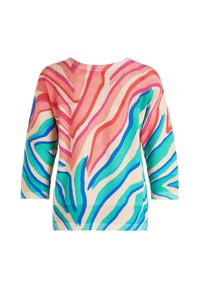 Pull en tricot avec un motif abstrait de vagues multicolores en rose, bleu et vert sur un fond beige clair ; manches trois-quarts.