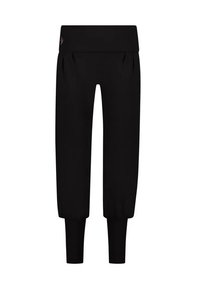 Svarta korta joggarbyxor med bred midja, plisserad front och åtsittande mudd. Mjukt material utan synliga mönster eller detaljer.